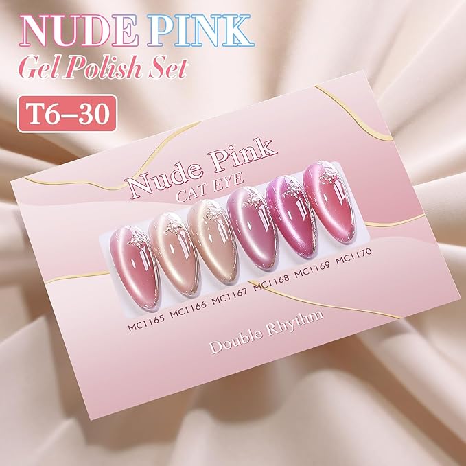 Double Rhythm Cat Eye Gel Nail Polish Set of 6 Same Color Same Bottle 0.5 Oz Shimmer Glitter with Magnet Holographic Reflective Magnetic UV Nail Polish Kit at Home (Nude Pink Rose-T6-30)