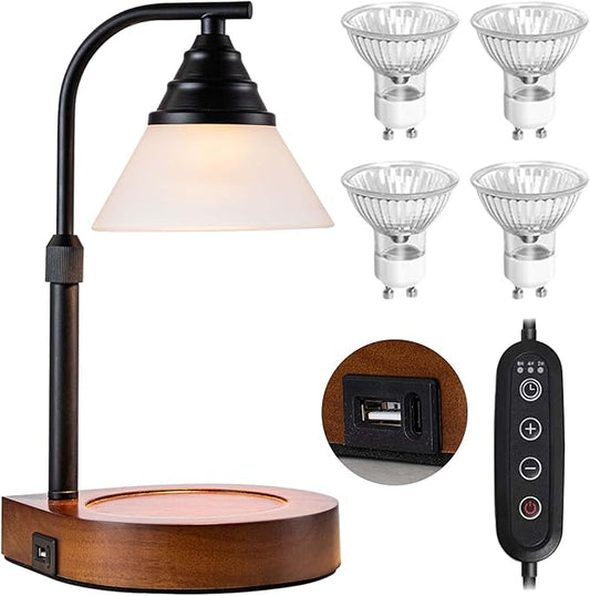 Candle Warmer Lamp New Modern Teardrop Style (4 Bulbs, Dimmer/Timer, Adjustable Pole, USB A&C Charging Ports)-Soft Brightness-Creates Ambience-Giftbox Included