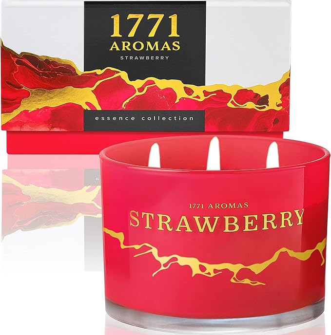 Strawberry Scented Candles - 100% Natural Soy Wax - Large 3 Wick Jar Candle - Up to 50 Hours Burning Time - Candles for Home - Gift-Ready Candle for Men & Women - Aromatherapy Candles
