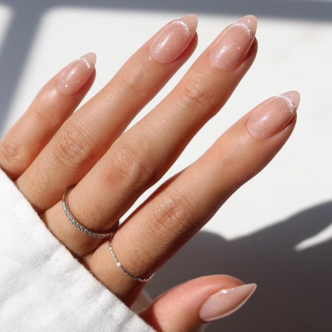 Glamnetic x GLAMZILLA Press On Nails - NOT YOUR CINDER-ELLA | Short Almond Nude Fake Nails with Velvet French Tip Effect, Salon Quality Wedding Nails | 15 Sizes - 30 Nail Kit with Glue