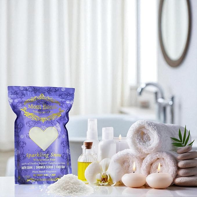 Mom Bomb Sparkling Snow Epsom Salt Bath Soak (Witnermint Pine) – Natural Magnesium Salt with Essential Oils – Relaxing Aromatherapy for Stress Relief, Muscle & Foot Soak – Made in USA, 48 Ounce