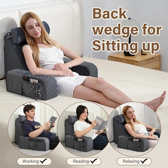 Vekkia Reading Pillow with Adjustable-Arms & Headrest – Multi-Firm Foam Backrest Cushion for Adults with Extra-Large Pockets for Reading, TV, Gaming & Work, Recovery on Bed & Floor, 19"(Grace Grey)