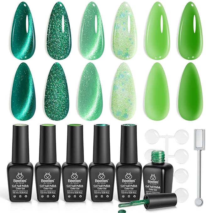beetles Gel Polish Christmas Green Gel Nail Polish Set 6 Winter Colors Cat Eye Jelly Glitter for Salon Manicure Nail Art DIY at Home UV LED Needed Gifts for Women Girls Enchanted Forest