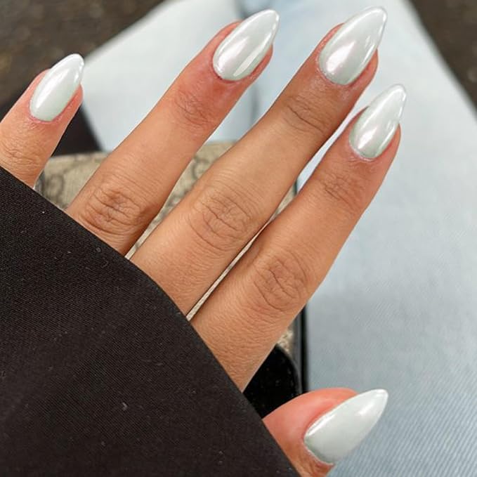 GLAMERMAID Pure White Eyes Press on Nails Short Almond, Chrome Handmade Glossy Gel Fake Nail Kit, Glazed Natural Glitter Magnetic Glue on Nail Stiletto, Medium Oval Stick on False Nail Set for Women