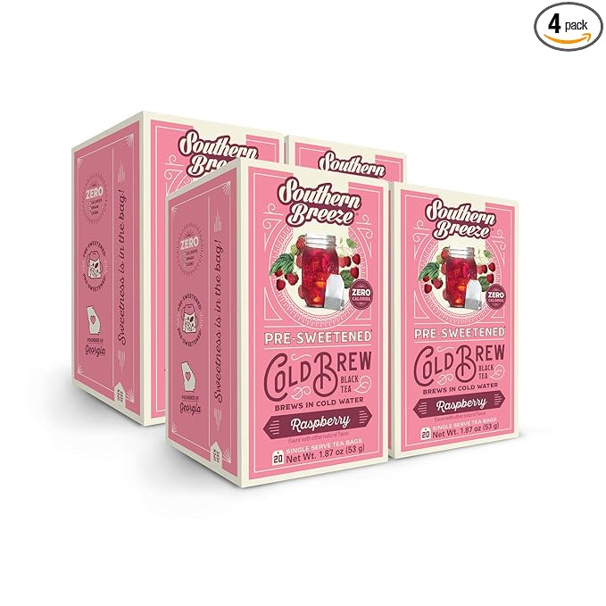Southern Breeze Cold Brew Sweet Tea Raspberry Iced Tea with Black Tea and Zero Carbs Zero Sugar, 20 Individually Wrapped Tea Bags, Pack of 4