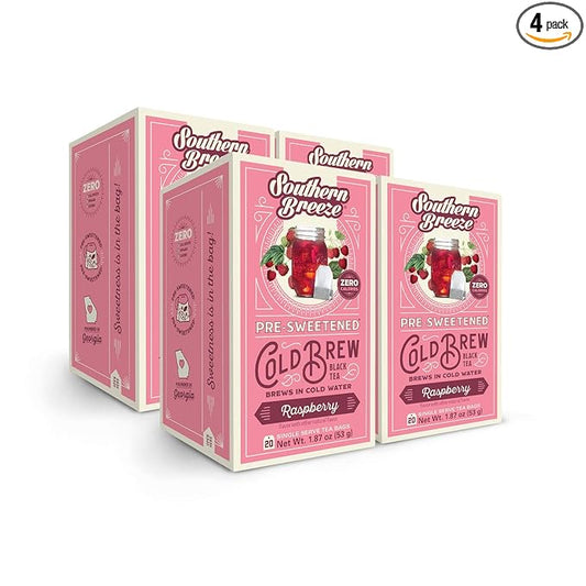 Southern Breeze Cold Brew Sweet Tea Raspberry Iced Tea with Black Tea and Zero Carbs Zero Sugar, 20 Individually Wrapped Tea Bags, Pack of 4
