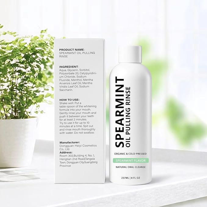 Spearmint Oil Pulling Rinse, White Oil Pulling Rinse, Cold-Pressed Coconut Mouthwash for Teeth Whitening, Peppermint Mouthwash Freshness for Teeth and Gums, 8 Oz