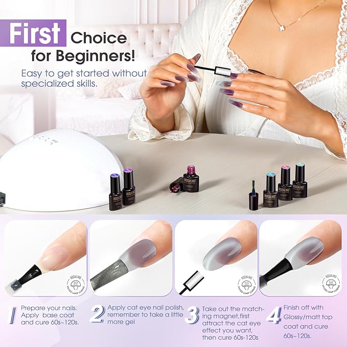 ROSALIND Cat Eye Gel Nail Polish - 12 Colors Jelly Gel Polish Set Translucent Cateye Effect Soak Off UV Set Magic Magnetic Glitter Nail Art Collection with Magnet Stick Manicure Gift for Women