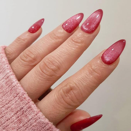 GLAMERMAID Magnet Cat Eyes Dark Red Press on Nails Short Almond, Handmade Jelly Gel Fake Nail Set, Ombre Glitter Magnetic Glue on Nail Stiletto, Scarlet Medium Oval Stick on False Nail Set for Women