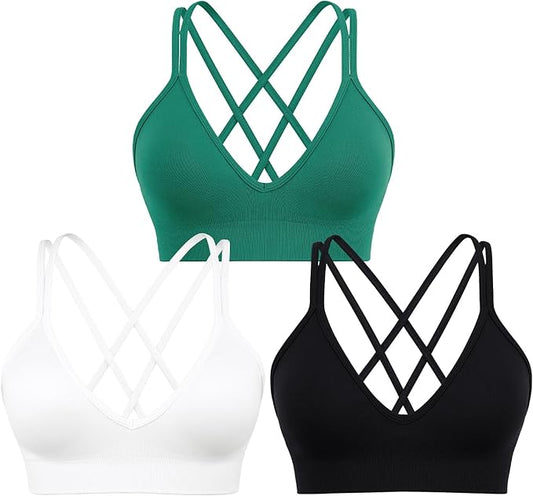 Sports Bra for Women V-Neck Strappy Criss Cross Yoga Bra Padded Medium Support Workout Gym Athletic Fitness Bras 3 Pack