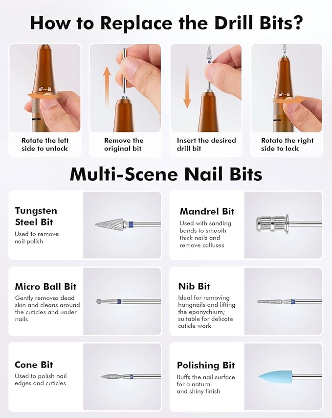 Nail Drill 40000RPM - Rechargeable Nail File with Bits, Professional E-Filer for Acrylic Nails, Gel Polishing, Manicure & Pedicure E File with Large HD LCD Screen - M96 Orange