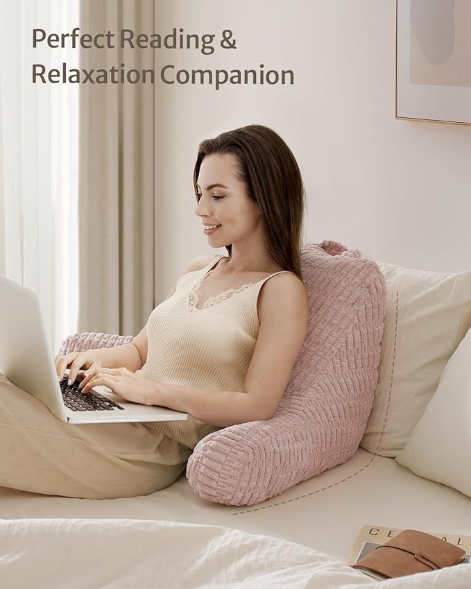 Blissful Diary Reading Pillow, Backrest Pillow with Shredded Memory Foam for Adult & Children, Designed for Bed and Couch Sitting Up, Includes Arms, Pockets and Washable Cover, Pale Pink
