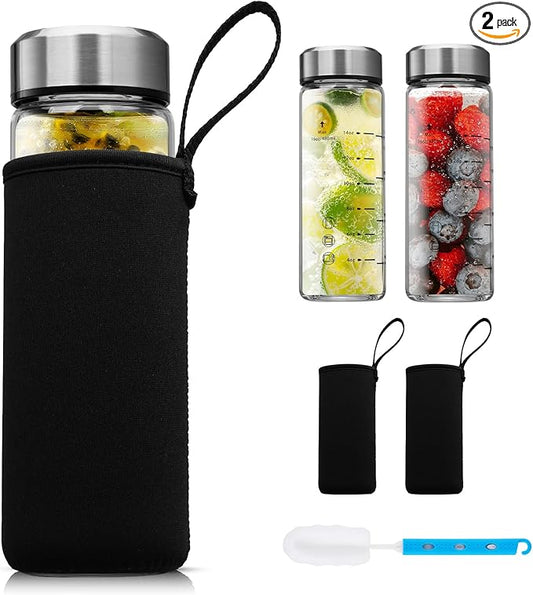 SIEROZUR Glass Juice Bottles 16 oz-2 Pack Leak Proof Wide Mouth Water Bottle with Stainless Steel Lid & Sleeve - for Juicing, Smoothies, Infused Water, Beverage Storage, Eco-Friendly Borosilicate