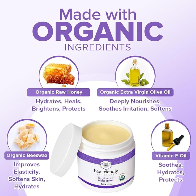 BeeFriendly Organic Night Cream, USDA Certified Organic, Deep Hydrating & Moisturizing Night Time Eye, Face, Neck & Decollete Cream for Women and Men, Anti Aging, Anti Wrinkle 6 oz (3 Jars in box)