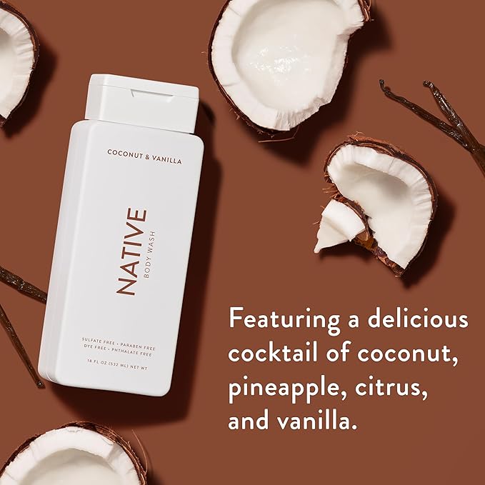 Native Body Wash Contains Naturally Derived Ingredients | For Women & Men, Sulfate, Paraben, & Dye Free Leaving Skin Soft and Hydrated | Coconut & Vanilla 18 oz - 2 Pk