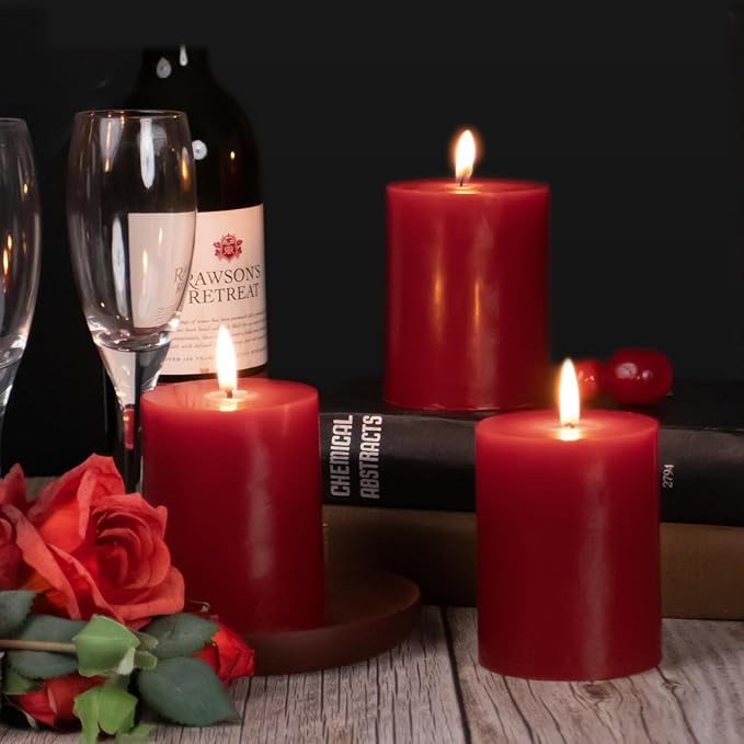 KONNI Dark Red Pillar Candles Set of 3, 3"x 3" Unscented Pillar Candles Bulk, 30 Hours Long Burning Candles, Smokeless&Dripless Large Round Candle for Wedding, Home Decoration, Parties, Spas, Dinner