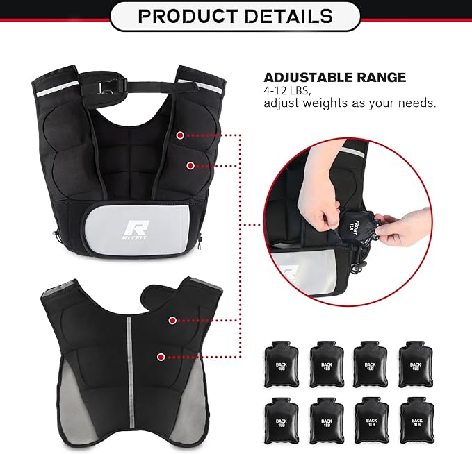 RitFit Weighted Vest, 4lb/8lb/10lb/12lb/15lb/20lb Weight Vest with Reflective Stripes, Weight Vest Adjustable for Women and Men Workout, Strength Training, Running, Fitness, Jogging, Walking