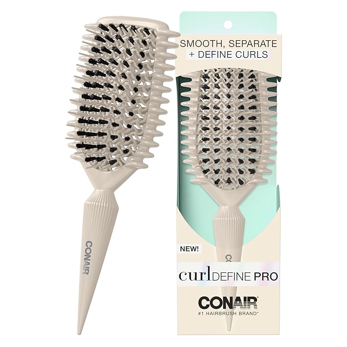CONAIR Curl Define Pro Hairbrush - curly hair brush products - dual-vented designed to smooth, separate, and define curls - unique tapered handle for sectioning - Ivory