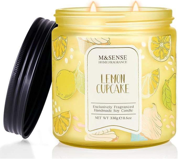 M&SENSE Lemon Cupcake Scented Candle, 11.6oz Natural Soy Wax, 70 Hours Long Lasting Clean Burn, Zesty Citrus Vanilla Aroma for Kitchen Freshness, Holiday Gifts Home Decor