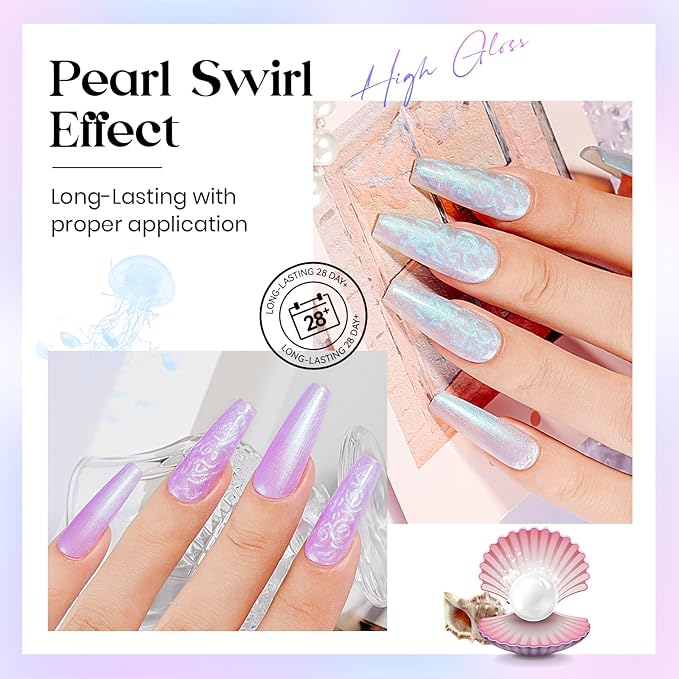 MIZHSE Pearl Gel Nail Polish, 6 Colors Iridescent Mermaid Gel Polish Set, Drawing Nail Shell Thread Effect Shimmery White Pink Purple Soak Off Nail Art Manicure Home Gift for Wome