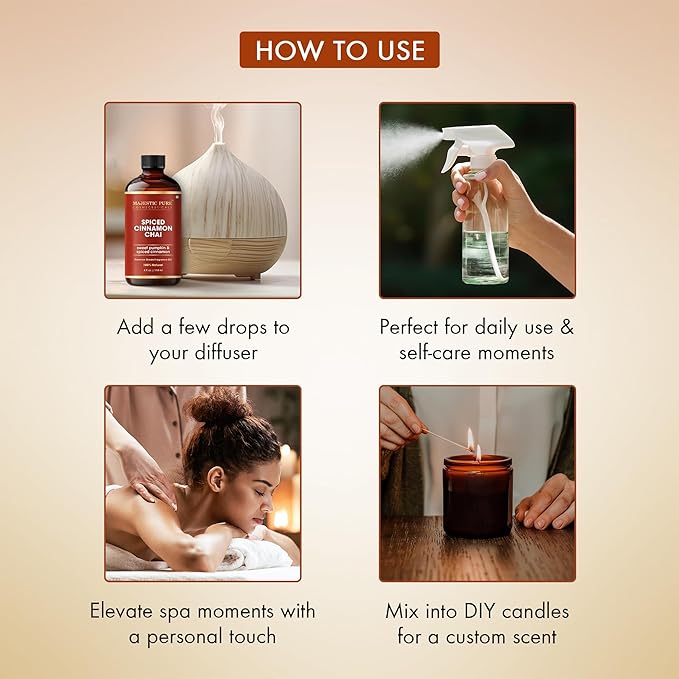 MAJESTIC PURE Spiced Cinnamon Chai Premium Oil | 100% Pure & Natural | Cinnamon, Clove, Pumpkin Oil Used in Diffusers, DIY, Self Care | 4 Fl Oz