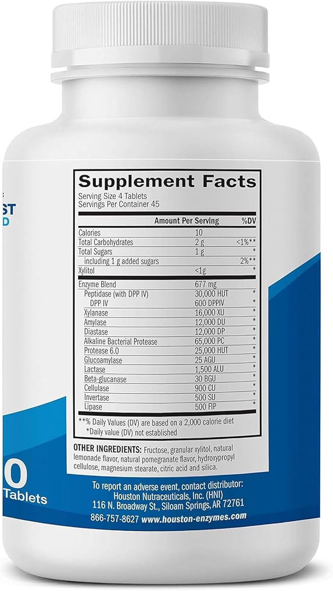 Houston Enzymes TriEnza - Digestive Enzyme Supplement for Gluten, Casein, Soy, Proteins, Carbohydrates, Fats & Polyphenols - Digestive Enzymes for Women & Men (180 Chewable Tablets)
