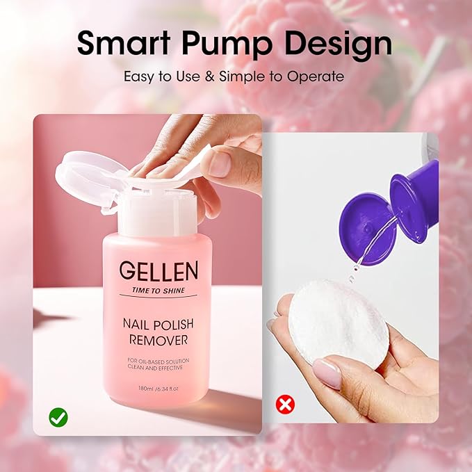 Gellen Nail Polish Remover Raspberry Scent, Acetone Free Nail Polish Remover for Quick Dry Nail Polishes, Gentle Nail Polish Removal Pump with Vitamin E, Fingernail Polish Remover 6.09 Fl Oz