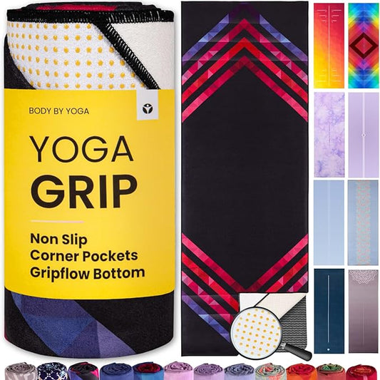 Yoga Grip Yoga Towel - Non Slip Hot Yoga Mat Towel With Corner Pockets, No-Skid Grip, and Built-in Alignment Lines | Soft, Moisture Wicking, and Sweat Absorbent | No Bunching, Stays in Place 72" x 25"
