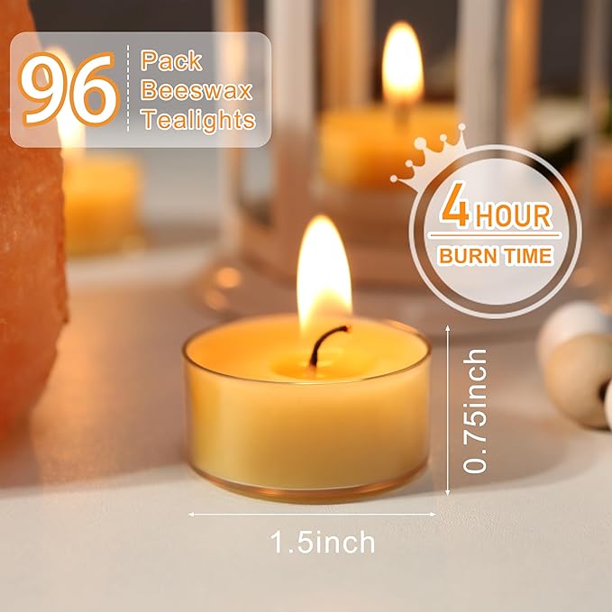 96 Packs Beeswax Tealight Candles, 100% Pure Beeswax Tea Candles | 4-Hour Extended Burn Time | Natural Bees Wax Tea Light Candle in Clear Cup, Perfect for Home Deco,Air Purification,Fragrance