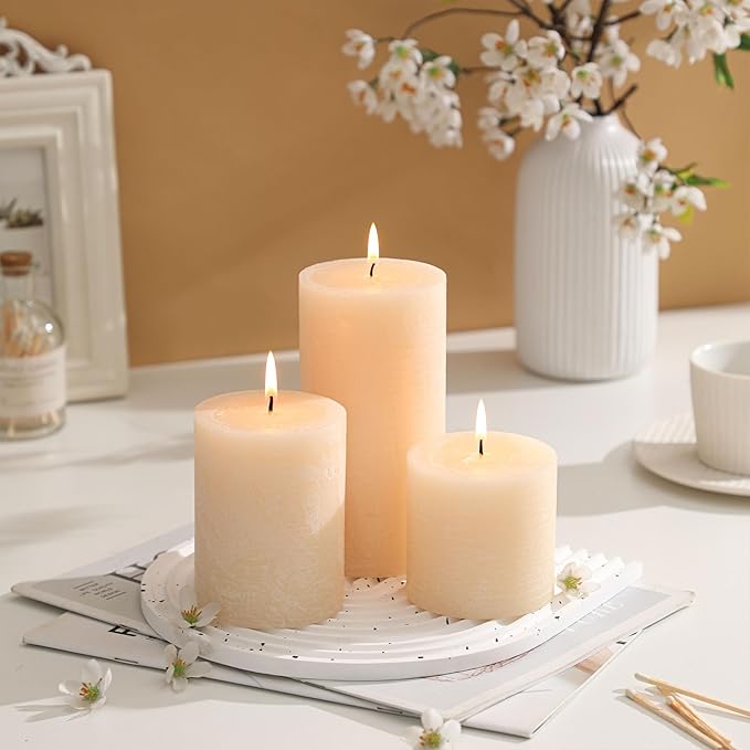 Ivory Pillar Candles - Set of 3, Hand-Poured Unscented, Long Burning, Large, Smokeless Dripless for Dinner Table, Wedding, Home, Bathroom, Rustic Decor