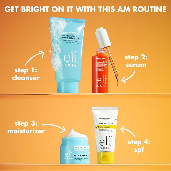 e.l.f. SKIN Bright Icon Vitamin C + E + Ferulic Serum, Brightening & Soothing Face Serum, Helps Even Skin Tone, Vegan & Cruelty-Free, 1 fl oz