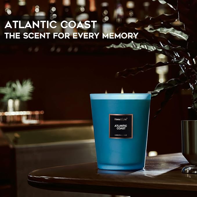 HomeLights Scented Candle | Large Jar Candle - 33.3 Oz. Natural Soy Aromatherapy Candles | Up to 130 Hours Burn Time with 3 Cotton Wicks,Home Decorative Fragrance Candles Gift - Atlantic Coast