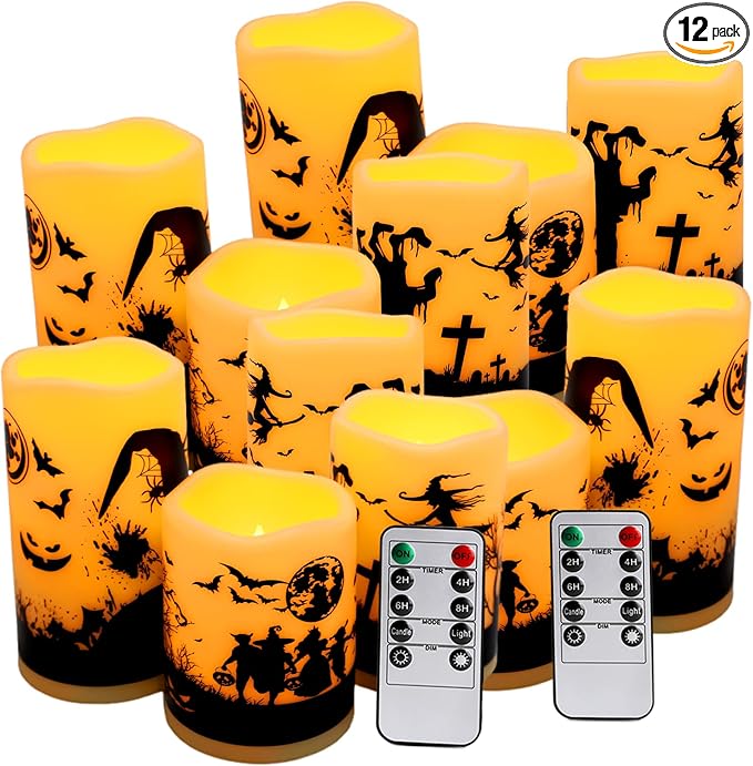 12-Pack Halloween LED Flameless Pillar Candles - Battery Operated with Remote & Timer, Flickering Warm Light, Witch/Bats/Castle Decals - Spooky Halloween Decor, Ghost Party Supplies, Gifts