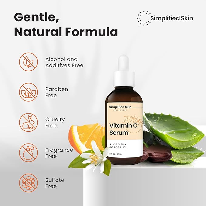 Simplified Skin Vitamin C Face Serum – 20% Vitamin C, Hyaluronic Acid, Vitamin E – for Hydrating & Glowing Skin - Antioxidant Skin Brightening Serum – 2 Fl Oz