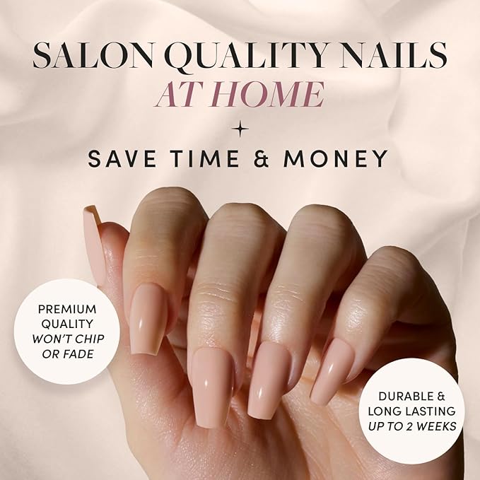 Glamnetic Press On Nails - Exposed | Medium Coffin Fake Nails, Nude Opaque Neutral, Salon Quality | 15 Sizes - 30 Nail Kit