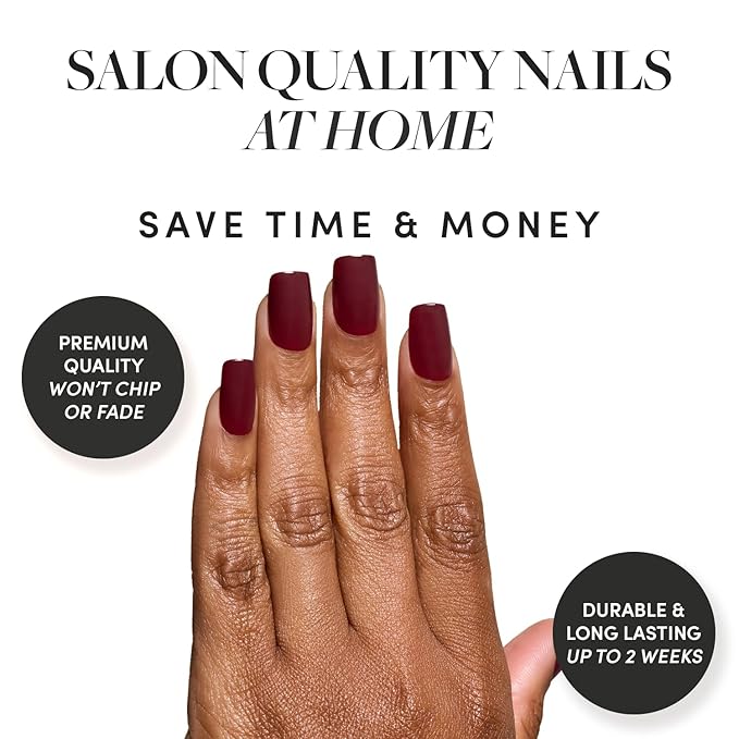 Glamnetic Press On Nails - Cherry Mocha | Dark Red Medium Square Fake Nails with a Glossy Finish, Salon Quality Halloween Nails | 15 Sizes - 30 Nail Kit with Glue
