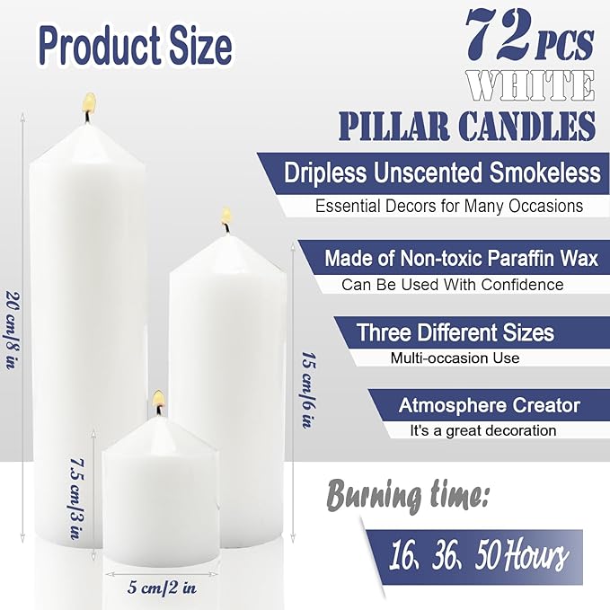 72 Pack White Pillar Candles Bulk Set, 2x3 2x6 2x8 Inch - 24 Each Size, Dripless Smokeless Clean Burning for Wedding Centerpieces, Home Decor, Church, Romantic Ambiance！