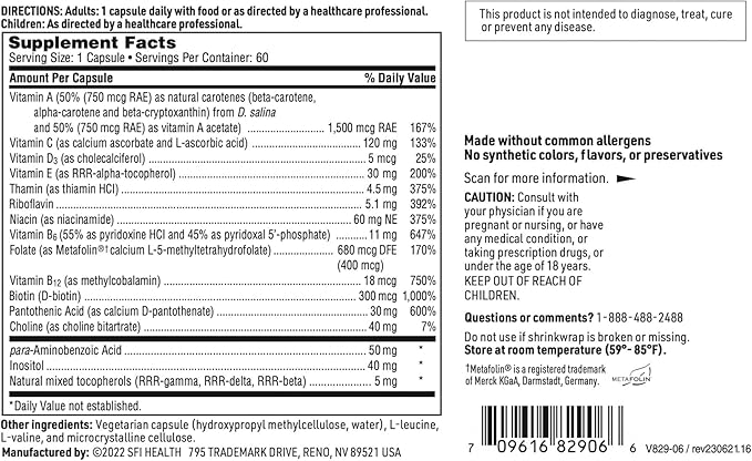 SFI Health Klaire Labs Multi-Vitamin Complex - Hypoallergenic Once-Daily Mineral-Free Multivitamin with Metafolin Folate, Vitamin B6 & B12 (60 Capsules)