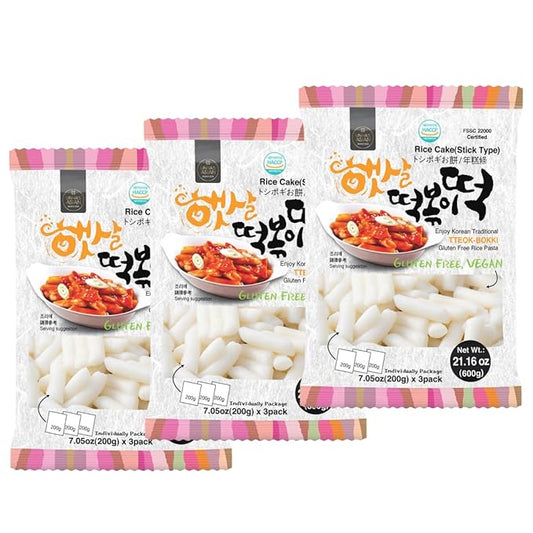 Korean Rice Cake Tteokbokki Stick – 3 Pack (3 Individual Package X 3 Pack) Vegan, Non-GMO, Gluten Free, Tteok Rice Cakes Food Pasta 21.16 oz Per Pack