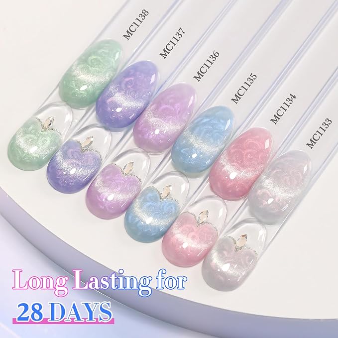 Double Rhythm Cat Eye Gel Nail Polish Set of 6 Same Color Same Bottle 0.5 Oz Shimmer Glitter with Magnet Holographic Reflective Magnetic UV Nail Polish Kit (Pearl Pink Blue Green Purple-T6-36)