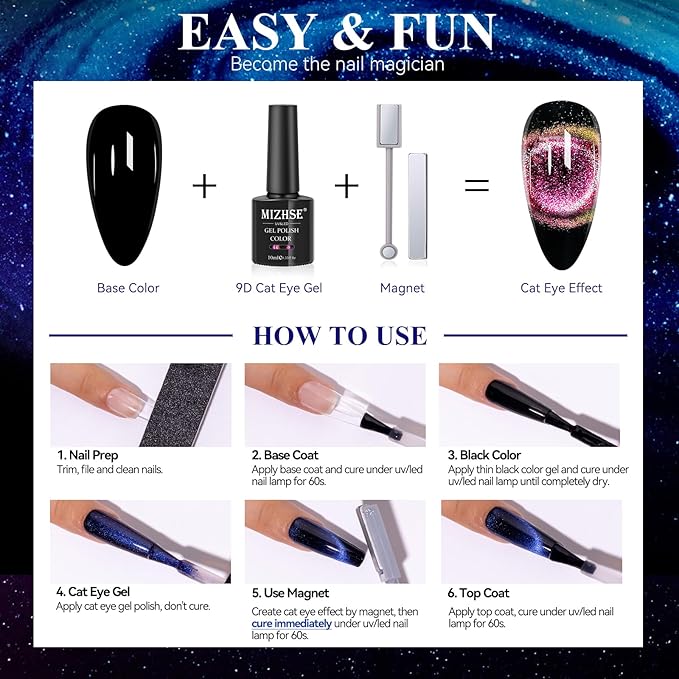 MIZHSE 9D Cat Eye Gel Nail Polish, Magnetic Cat Eye Gel Polish Set, 10ml*6 with 2 Magnets, Classic Colors Chameleon Magic Galaxy Effect Soak off Nail Art, Sparkle Stunning Gel Polish Gift for Women