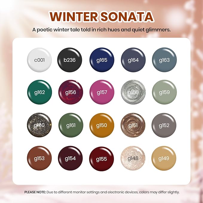 Beetles Fall Gel Nail Polish Set – Winter Sonata Gel Polish, 20 Colors Brown Burgundy Red Green Glitter Soak Off UV LED Gel Polish Kit with Base Coat Glossy Matte Top Coat Manicure Gift for Women