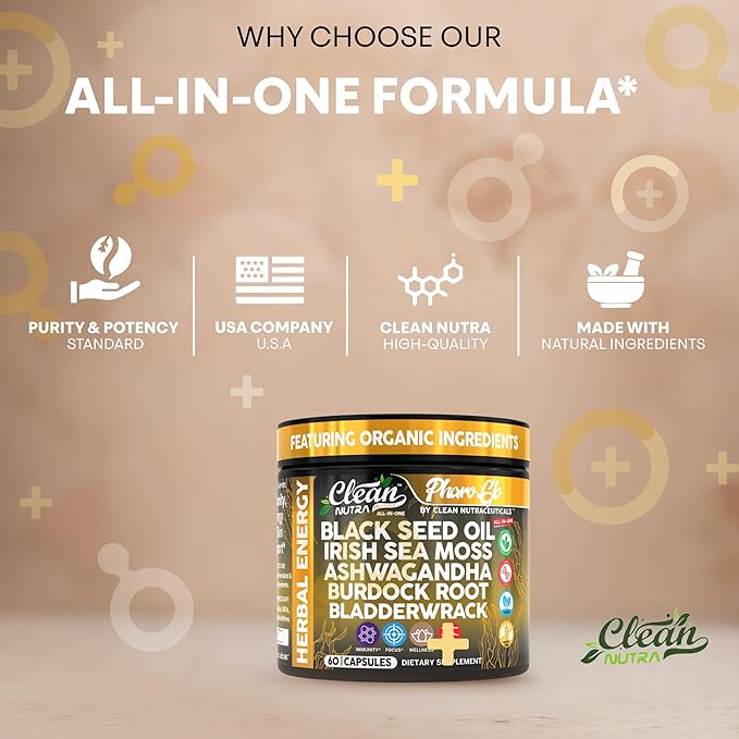 Clean Nutraceuticals Black Seed Oil Sea Moss Ashwagandha Burdock Root Bladderwrack Energy Vegan Capsules Seaweed Skin Detox Stress Relief Immune Support Focus Supplement Nigella Sativa 60 Count