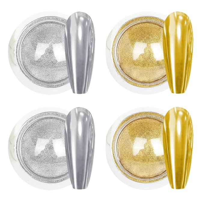 Gold & Silver Chrome Nail Powder - 4 Jar Metallic Mirror Effect Chrome Powder for Gel Nails, Nail Decoration Glitter Dust for Nail Art