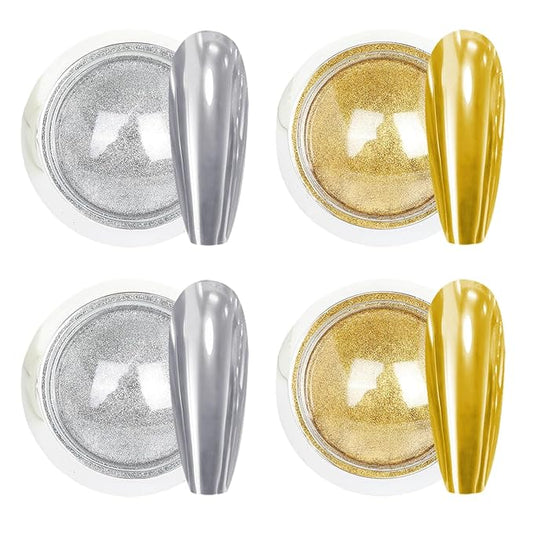 Gold & Silver Chrome Nail Powder - 4 Jar Metallic Mirror Effect Chrome Powder for Gel Nails, Nail Decoration Glitter Dust for Nail Art