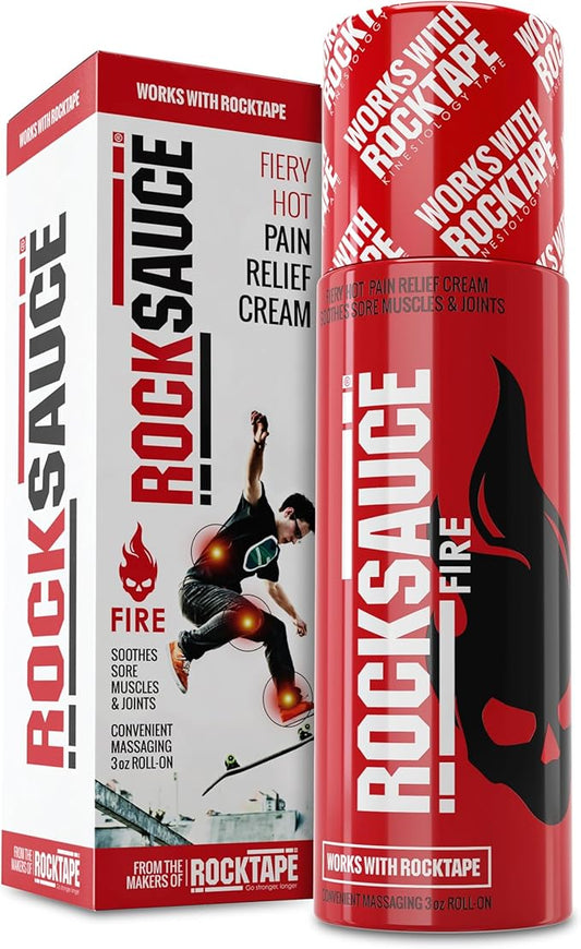 RockSauce Fire, 3 oz Roll-On - Easy to use Pain Relief Cream - Capsaicin & Menthol Formula Relieves Muscle & Joint Pain - Works w/ RockTape - No-Mess Applicator - Dye-Free, Won't Stain Clothes