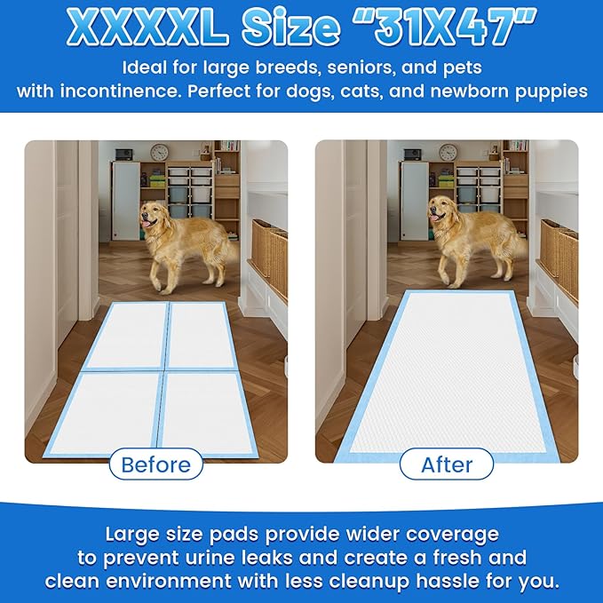 Gimars XXXL 31X47” 40 Counts Thicken 6 Layers Ultra Absorbent Dog Pee Pads Extra Large Leak-Proof Odor-Control Puppy Training Pads Quick Dry Pee Pads for Dogs Cats Pets