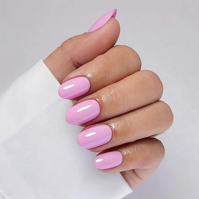 Pink Press on Nails Oval for Women Gift - Soft Gel Press on Nails Short with Glue, Fit Perfectly & Natural Glue on Nails in 16 Sizes - 32 Reusable Fake Nails, Pink