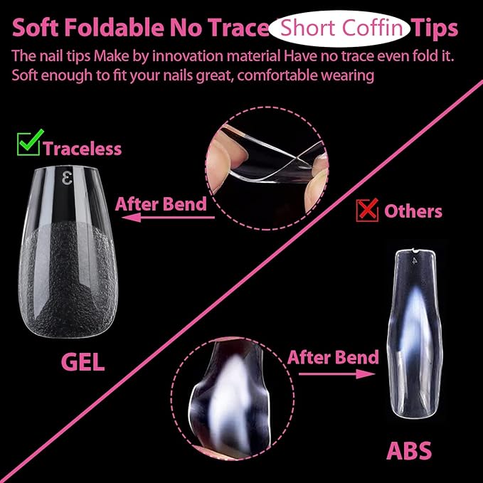 UNA GELLA Short Coffin Nail Tips 12 Sizes Short Coffin Gel Nail Tips 120Pcs Long Lasting Soft Gel Nails Tips Clear Full Cover Nails Tips Acrylic False for Nail Extension DIY Salon