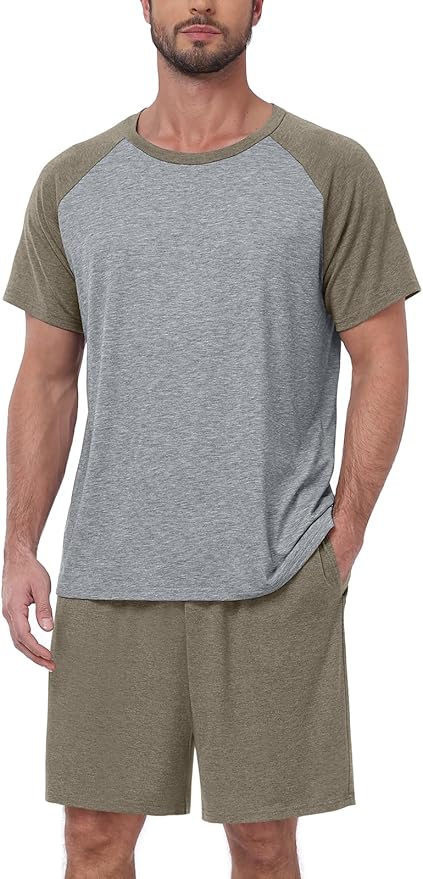 Mens Pajama Set Summer Pjs Sleepwear Lightweight Short Sleeve Pjs Soft Comfy Sleep Set With Pocket